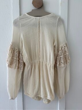 Cream Lace-Detail Romper with Peasant Sleeves